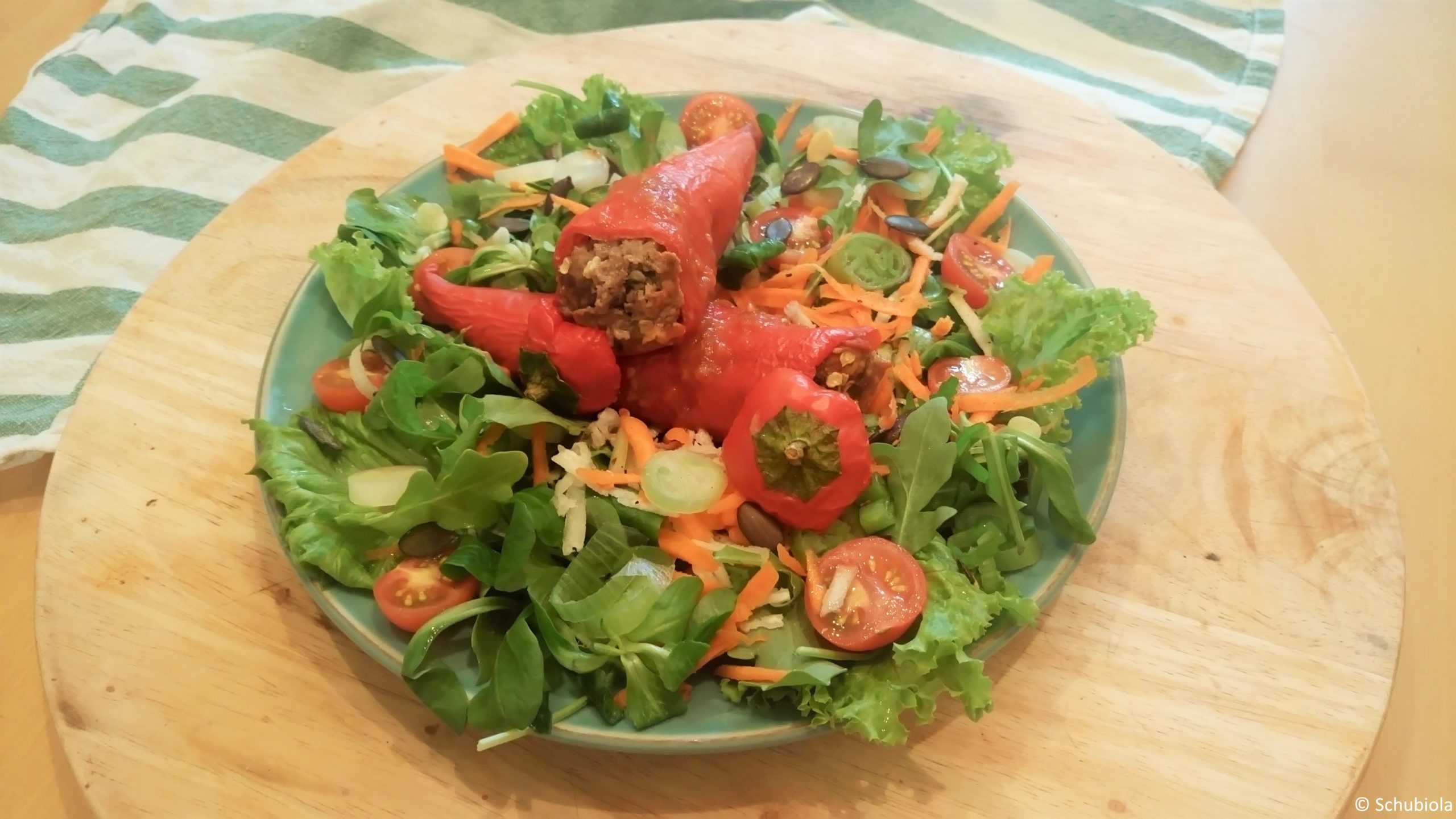 Gefüllte Paprika mit Paradeisersauce auf Salatbett