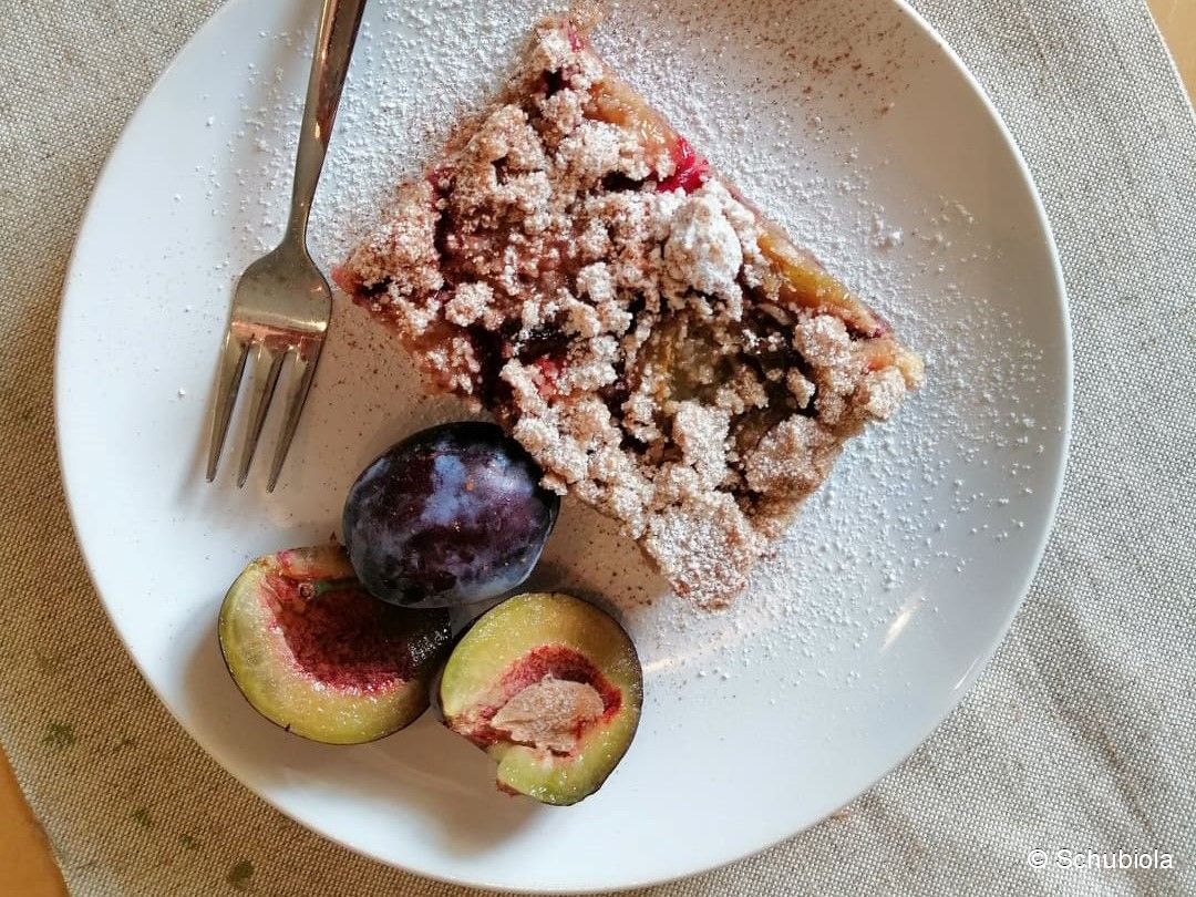 Zwetschken-Apfelkuchen mit Streuseln und Nüssen